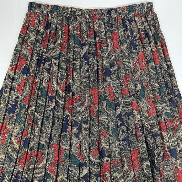 Vintage Jeffrey and Dara Midi Pleated Paisley Skirt Size 9/10 Green Red Pull On - Picture 7 of 8